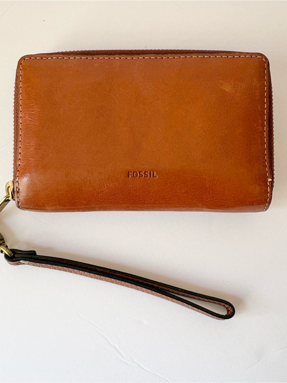 Fossil Brown Tan Leather Zip Around Wallet Wristlet